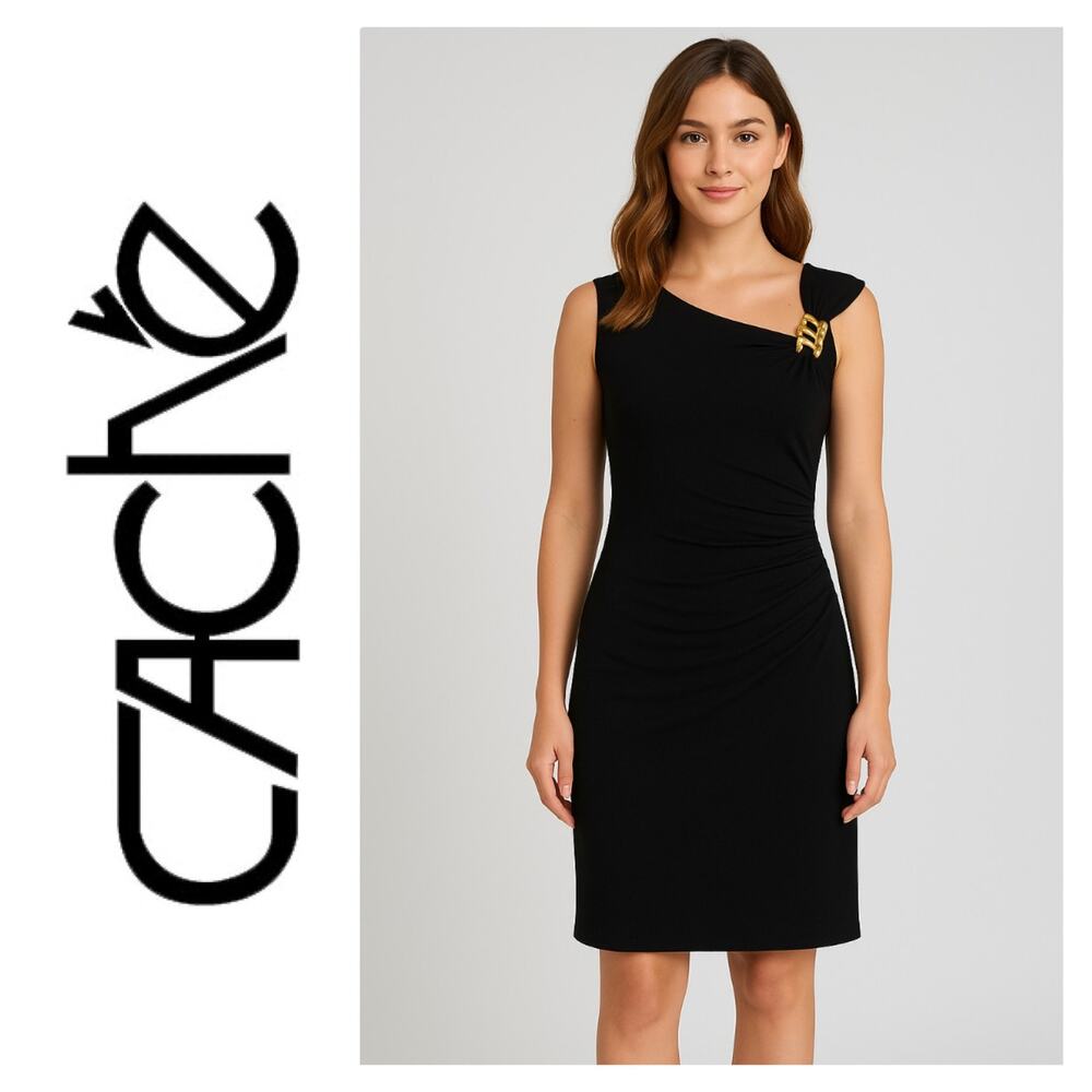 Vintage Y2K Cache Black Asymmetric Neckline Ruched Sheath Dress Snake Brooch M